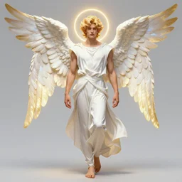 front view full body figure, a beautiful young fit male angel with curly blond hairs, dressed with fluent clothes, majestic symmetrical wings, luminous halo, by greg rutkowski and alphonse mucha, d & d character, gradient white to gold, in front of an iridescent background, highly detailed portrait, digital painting, artstation, concept art, smooth, sharp focus illustration, artstation hq