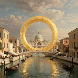 City on a Halo Ring Space Market Renaissance Architecture Canal Gold and Gilded In the style of Canaletto