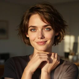 high detail portrait photo, a lovely woman with short brown hair and clear blue eyes and symmetrical well - proportioned facial features, smiles knowingly at the camera, dynamic pose, medium distance, short dof, taken in a dimly lit apartment at golden hour, photographed with a zeiss supreme prime lens