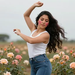beautiful tan mexican woman, dancing in a field of roses, prominent rosy cheek bones, black hair and brown eyes, van gogh art style,