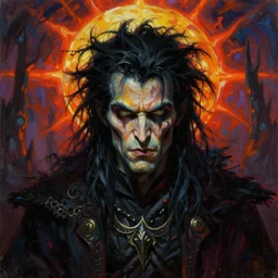 a vibrant portrait painting of a scruffy evil fantasy medieval - style villain with black hair and piercing eyes in dark fantasy setting, centered, dying earth, darksun, art by frank frazetta, artgerm, michael whelan, chris riddell, greg rutkowski
