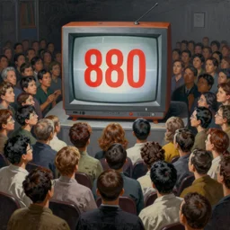a painting of hundreds of people being brainwashed by a giant 1 9 8 0 s crt television