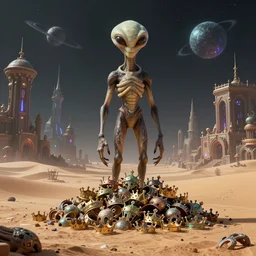 a giant alien standing in a desert, first there must be death, by antoine wiertz and noah bradley, ascension, pile of crowns, interstellar civilisation, the underground night life of occult city is booming, visually stunning, cinematic, highly detailed, blender 3 d, trending on cgsociety, 3 d render, rendered in octane