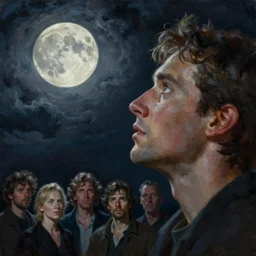 a closeup oil painting of a man staring at the moon, dark cloudy night, ultra realistic, true life, 8 k, masterpiece, cinematic, by leonid afremov, frank frazetta, greg rutkowski, christian macnevin, beeple, wlop, krenz cushart, epic character art, volumetric lighting, dark night