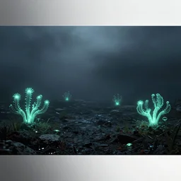 Ocean ground floor, dark fog, contrasting glowing fauna, spooky, trending on artstation, landscape, 4k, widescreen