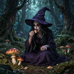A creepy witch eating mushrooms in a magical forest