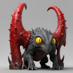 a large gray demonic looking creature with big yellow eyes : : 2 massive and tall red thornes : : 2 very detailed illustration, very realistic render, very detailed render, rendered in octane