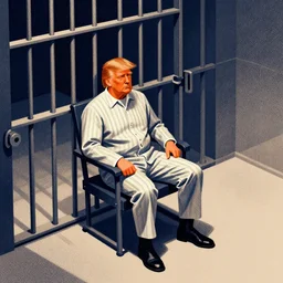 editorial illustration portrait of trump in prison, sitting in a chair, wearing a ( ( striped outfit ) ), mads berg, karolis strautniekas, stippled light, dramatic lighting,, matte print, ( ( prison cell bars ) ), isometric, dark blue + dark orange + orange + beige + black + white, dynamic composition, moody,