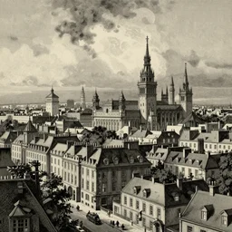 a beautiful detailed inked drawing of a Victorian cityscape by Wed Anderson, muted colors
