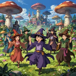 A group of psychedelic godlike anthropomorphic wizards dancing , magic mushroom village in background . award winning. superb resolution. in the art style of junji Ito and greg rutkowski . Detailed Mushroom city in background. Hyper realistic anime. Perfect art.