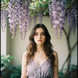 analog portrait photography of a beautiful woman inside a room full of wisteria floribunda by mark owen. vogue. kodak portra. bokeh!! detailed. hq. warm light. muted colors. f / 1. 2, symmetrical balance, in - frame