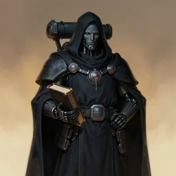 a gloomy potrait of cloaked tech priest holding a book, Adeptus Mechanicus!!!, cybernetic enhancements, praise the omnissaiah, Zdzislaw Beksinski, Lewis Jones, mattias adolfsson, Warhammer 40K!!, cold hue's, warm tone gradient background, concept art