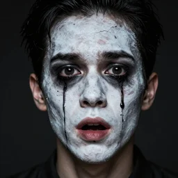 A human with a white broken face and black tears, surprised, scary, dark background, realistic