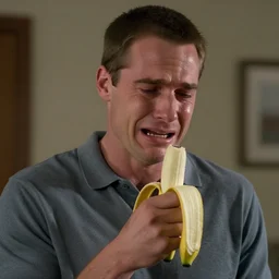 dexter morgan crying while holding a banana, photorealistic, realism