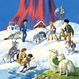 🌊⛄🏜☄🙊🙉🐶🐺🪓🪜, by rembrandt and mœbius and thomas kinkade and greg rutkowski and hayao miyazaki and akira toriyama and ilya kuvshinov