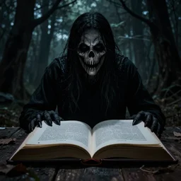 book in spooky woods, horror, scary, dramatic lighting, shadows, monster, slasher movie