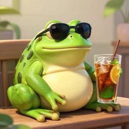 a Giant bullfrog wearing sunglasses and relaxing with a glass of iced tea, trending on artstation, photorealistic