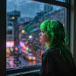 elle fanning with green hair looking out a window on a rainy night, nighttime!, raining!!, colorful city light reflections!!