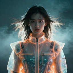 symmetry!!! closeup portrait of a cyborg neon transparent girl, fashion racing jumpsuit with big shoulder pads, cinematic light, backlight, windy, teal orange, volumetric smoke, mist, by gerald brom, by mikhail vrubel, by peter elson, muted colors, extreme detail, trending on artstation, 8 k