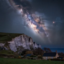 a deep field astrophotography astronomy photo of the pleiades cluster, messier 4 5, mutsuraboshi, double exposure with a nighttime landscape photo of the seven sisters cliff faces in cuckmere haven, famous composition with cottage, lpoty, award winning, beautiful, astronomy photo of the year, detailed milky way