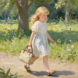 a impressionist painting of a cute blonde girl walking on a sunny day, carrying a handbag with a cute pet mouse in it, the grey mouse is peeking out of the handbag. Trending on artstation, wide angle, ultra HD, stunning 8k resolution