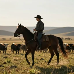 silhouette of a cowboy on horseback, on a cattle drive in a valley background, in the style of ansel adams, photorealistic, ornately detailed, 4 k