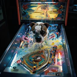 pitbull trapped in a pinball machine, submerged in goo, in 1 9 8 5, y 2 k cybercore, industrial low - light photography, still from a kiyoshi kurosawa movie