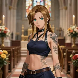 high quality art of aerith gainsborough with tattoos, in front of flowers in church, trending on artstation
