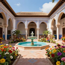 andalusian patio full of flowers, colorful surrealist composition, fountain inside, dreamy scenario, sunny sky, open plan, ropes around walls, unreal engine