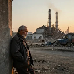a sad solitary old man looks on as in the evening sunlight as in the distance a factory is demolished, in the style of inceoglu, ismail