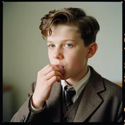 kodak portra 4 0 0, 8 k, highly detailed, britt marling style 3 / 4 photographic close, medium format, press award winning colour portrait of a handsome boy is eating a chewing gum, up face with 1 9 2 0 s hairstyle, 1 9 2 0 s clothing style, asymmetrical, hasselblad x 1 d - 5 0 c, 1 0 0 mm f 1. 8, soft light