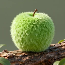 a cube shape green fluffy apple on a log, hyperrealism, dynamic lighting, render 8 k, realistic photo