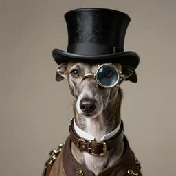 photo of steampunk greyhound wearing top hat and monocle, photorealistic, 4k, artstation
