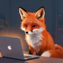 portraite of a cute fox sitting in front of laptop, by artgerm, andrei riabovitchev, vivid colors, orange glow
