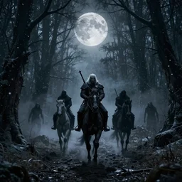 the wild hunt, spectral riders in the full moon, lurking creepy woods, shadow creatures, dark enchanted forest, blizzard, fog, treacherous road, uneasy atmosphere, from the witcher series, cinematic, arnold gpu + octane workflow, 8 k, unreal 5, hyperrealist, intricate digital art, volumetric lighting, trending artstation, dark fantasy