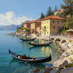 italian buildings with gondola boats on rocky shoreline of lake tahoe low tide low water level and a dock that looks like a roman bridge, digital painting, high quality, dreamlike, volumetric lighting, trending on artstation