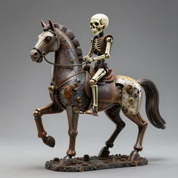 a scuplture of a horse ridden by death in a steampunk style made from parts of plastic toys and riveted together