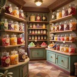 Inside an old fashioned sweet shop, large sweet jars on shelves, beautiful brand labels, fantasy vendor interior, wide angle, cinematic, highly detailed, cinematic lighting, blender, photorealistic, colorful, trending on artstation