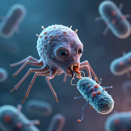 a beautiful and delicate phage is eating bacteria, highly detailed, digital painting, artstation, concept art, movie still, smooth, sharp focus uhd 8 k