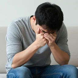 a guy in a grey shirt and wearing blue jeans and with black hair tearing up ( photo realistic, and great quality )