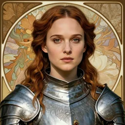 head and shoulders portrait of a female knight, young natalie portman, by alphonse mucha, artgerm, game of thrones, eldritch, silken hair, armored, etched breastplate, vogue fashion photo