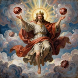 the flying spaghetti monster in all his glory, saint, holyness, dramatic lighting, epic cirrus radiating clouds, godrays, meatballs, in the style of beatus de liebana medieval painting