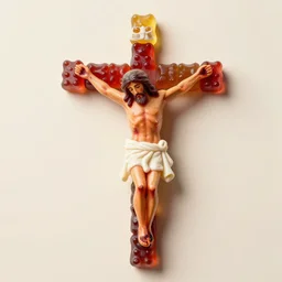 portrait of jesus on the cross made of gummi bears