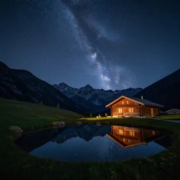 a beautiful double exposure of an astrophotography photo by voyager, and a night time landscape with mountains, reflecting pool, wooden chalet, lpoty, award winning, apod