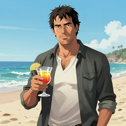 Negan from the Walking dead comic having a cocktail on the beach, comic book cover