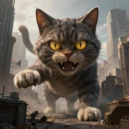 crazy giant cat terrorising city realistic high detailed dungeons and dragons style