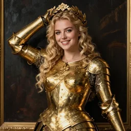 beautiful rugged sultry thick young woman, blonde hair, wearing gold armour, posing seductive, smiling, ornate wreath, oil painting by titian, hard focus, portrait