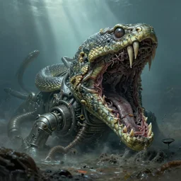 airbrushed reversed yaw blown out morphing shediing snake scaled machine submerged in grue sea sludge & exposed piping by alex ross, basil gogol fine art masterpiece baked at 3 0 0 f, matte painting, cold lighting, aged with sunlight, award winning horror, photorealistic render, cinematic