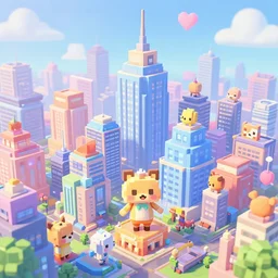 sparkling pastel cute voxel art of a huge city with skyscrapers in animal crossing, behance, artstation, cute, Japanese, 3d render, unity, beautiful lighting, extremely beautiful, very beautiful award winning art Huang Guangjian and Gil Elvgren and Sachin Teng , Greg Manchess