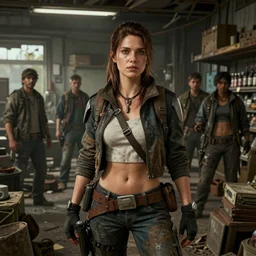 fallout 5, charismatic beautiful rugged brunette female protagonist, portrait, indoors dilapidated store interior, atmospheric lighting, painted, intricate, volumetric lighting, beautiful, daytime, overcast weather, sharp focus, deep colours, ultra detailed, by leesha hannigan, ross tran, thierry doizon, kai carpenter, ignacio fernandez rios